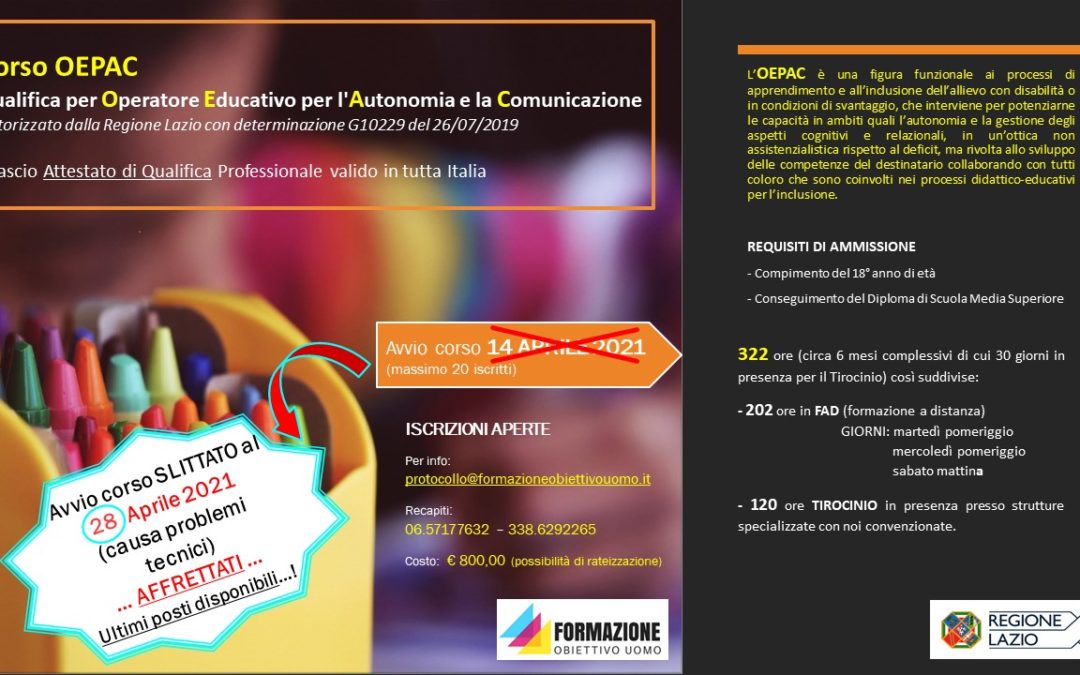 Corso OEPAC in partenza: 28 Aprile 2021